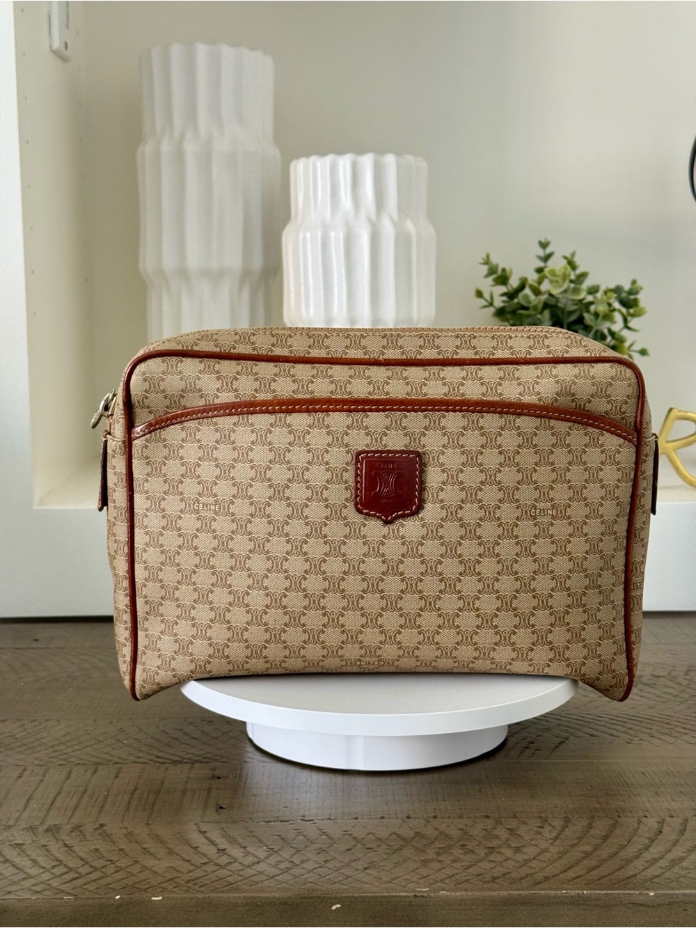 Celine Macadam Monogram Travel Pouch Cosmetic Case Clutch Beige Brown-Vintage